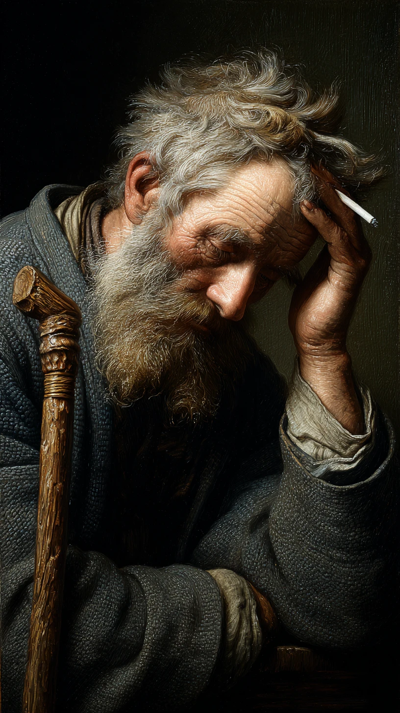 Hyperrealistic portrait of a weary old man with cigarette
