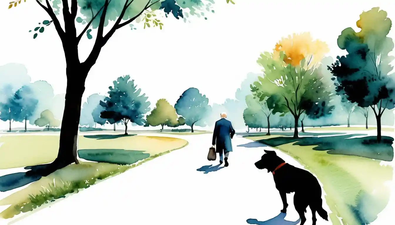 Elderly man walking with old dog through quiet watercolor park