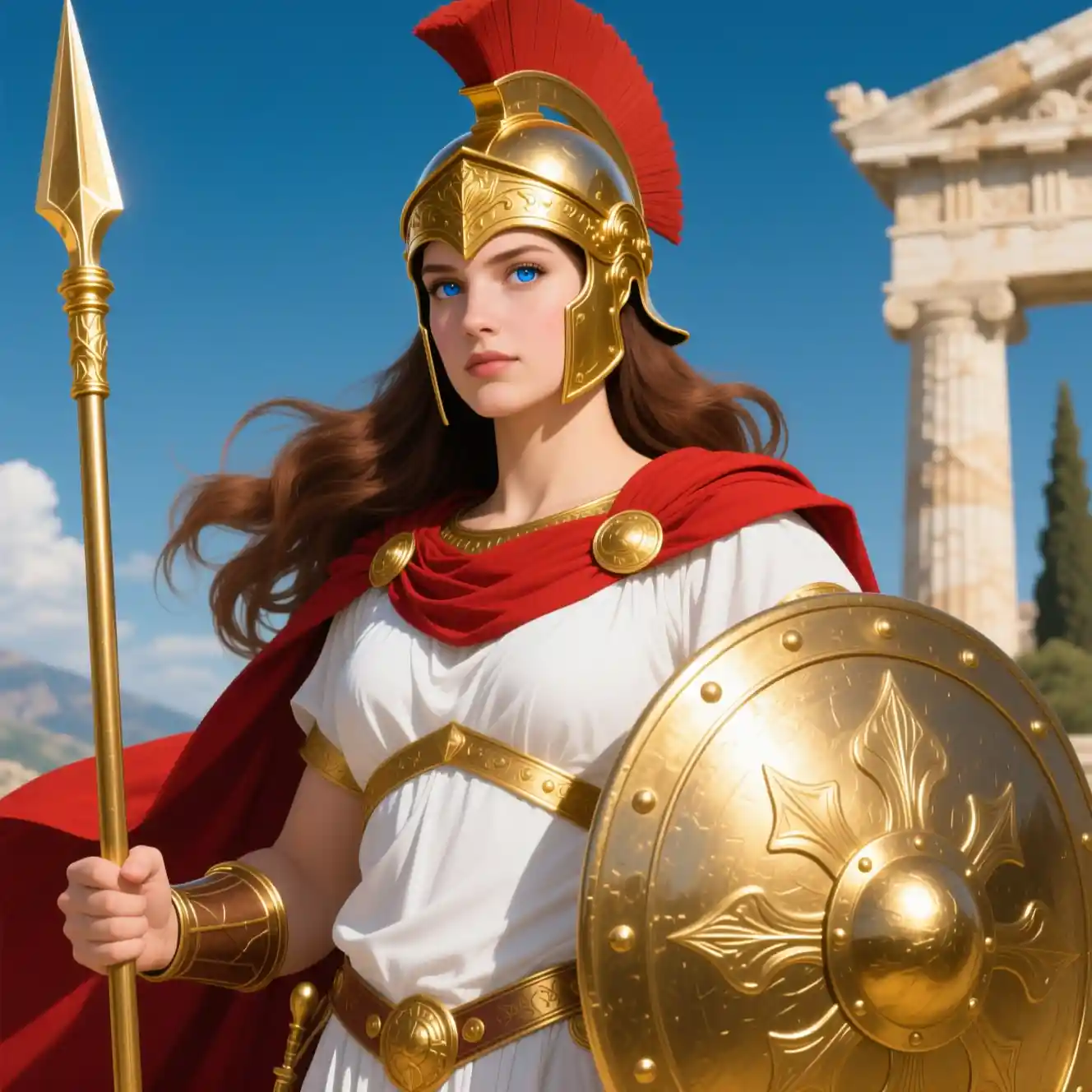 Tall warrior goddess with golden armor and spear