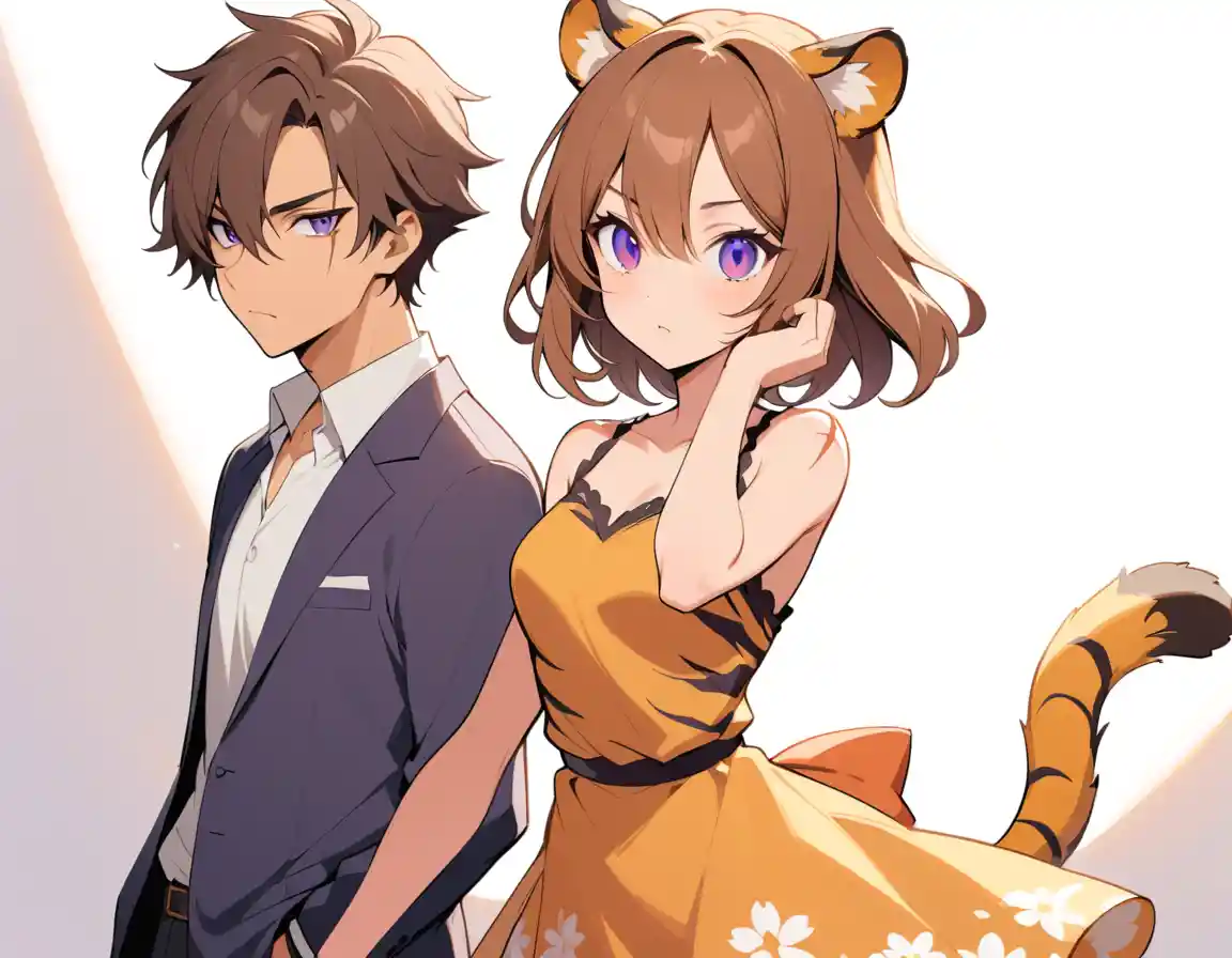 Tiger eared woman with violet eyes and floral dress