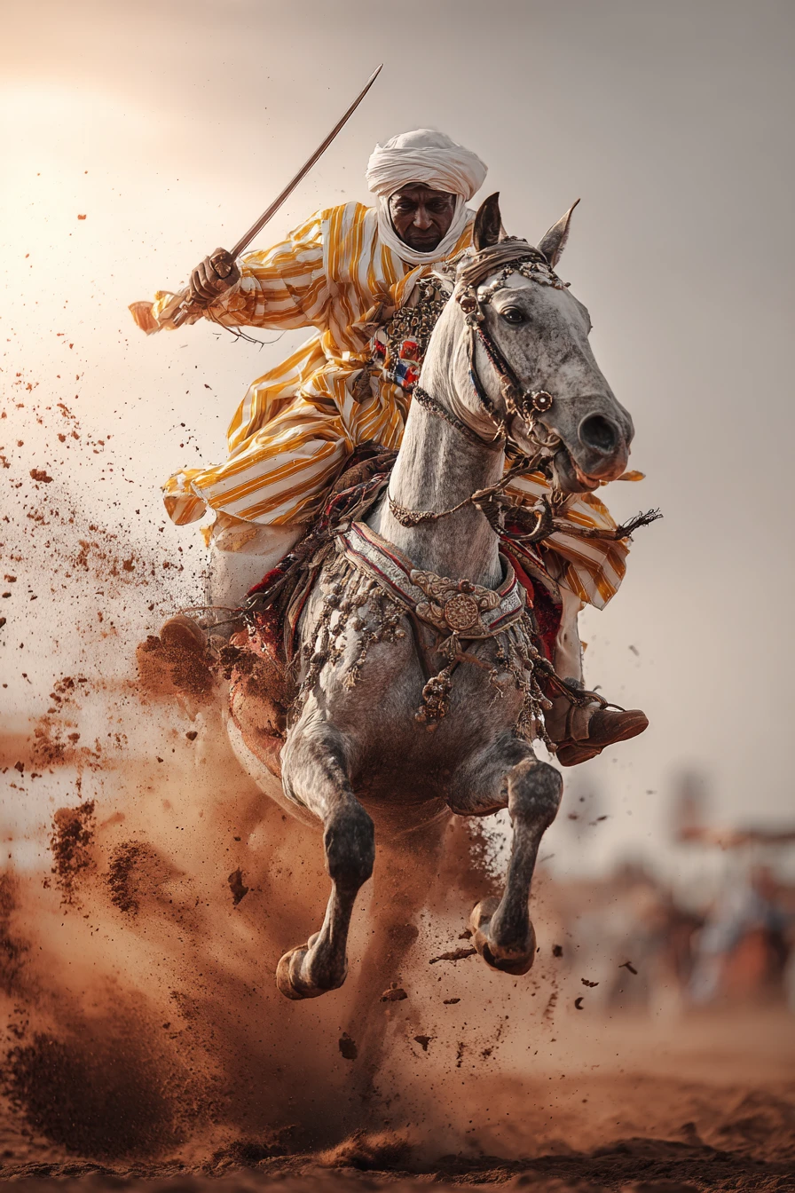 Moroccan horse rider charging in a dramatic dusty fantasia