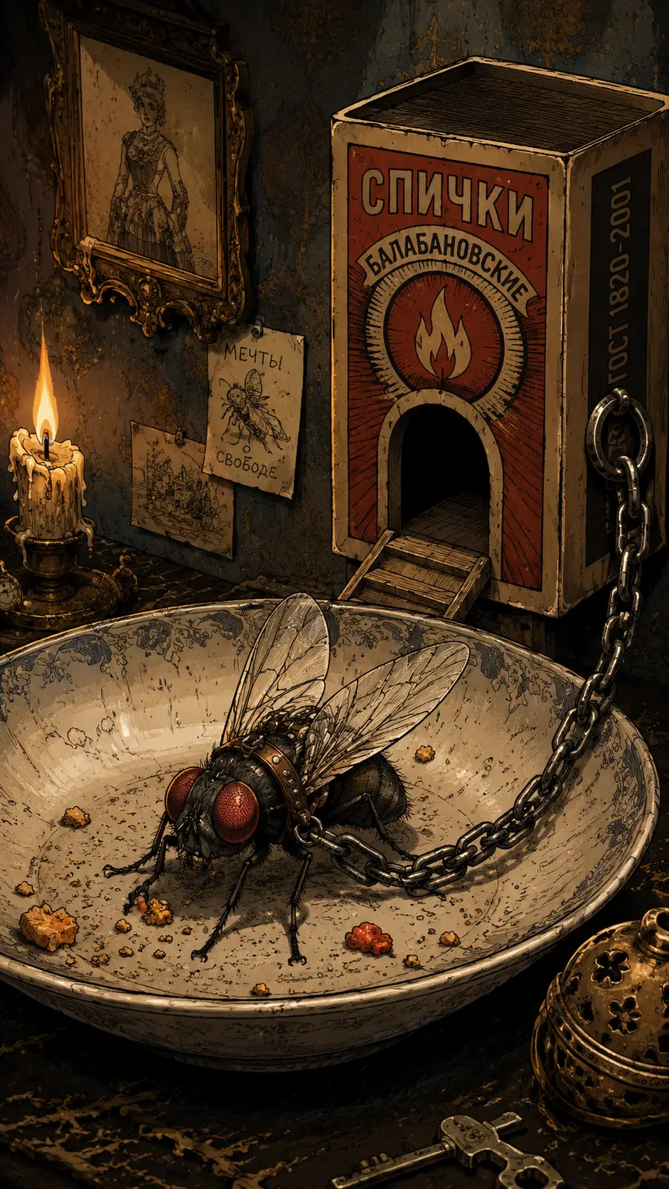 Cartoon fly chained to a giant matchbox kennel