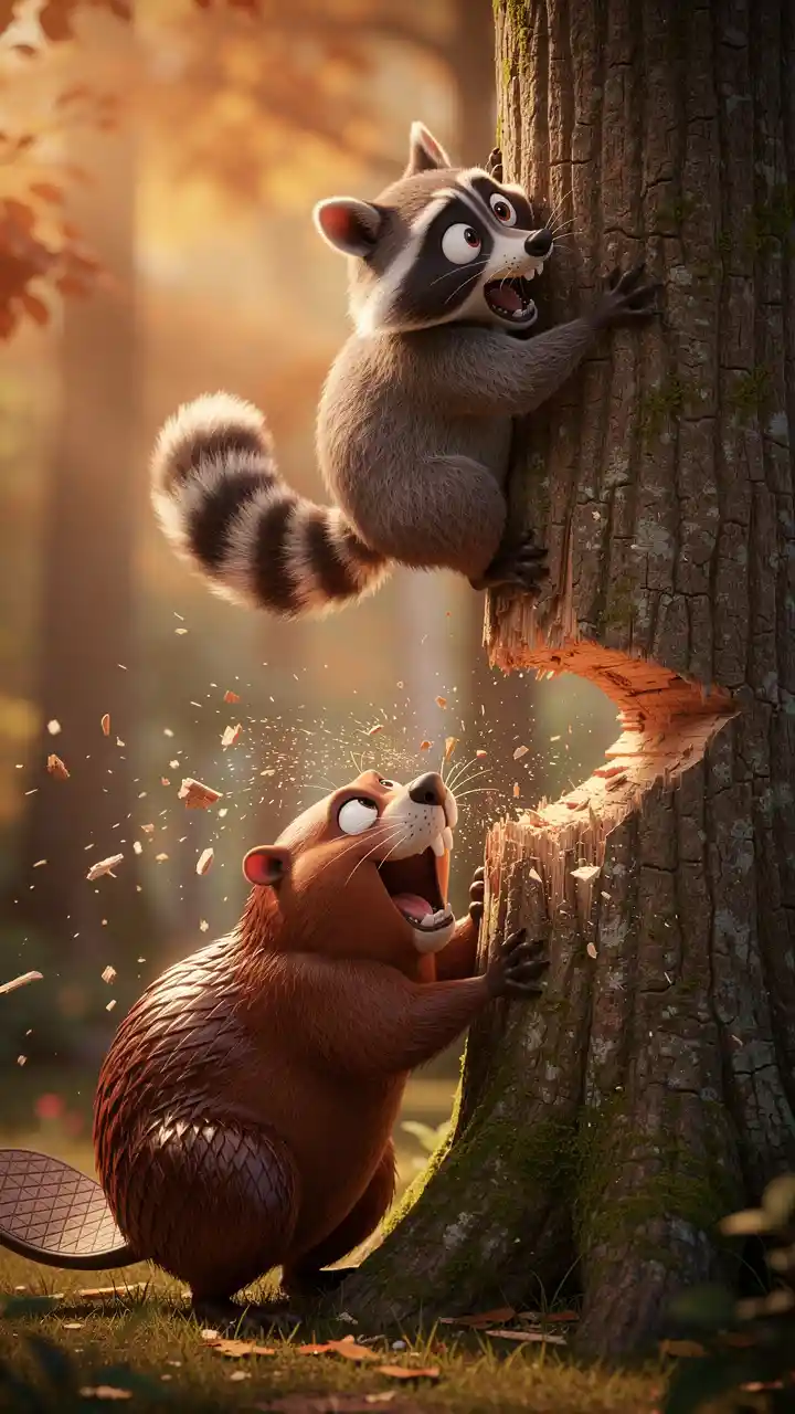 Frightened raccoon hugs a tree as beaver chews below