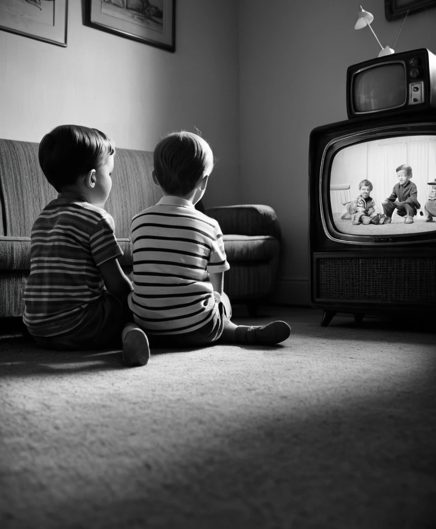 Children watching vintage cartoons in a 1950s living room