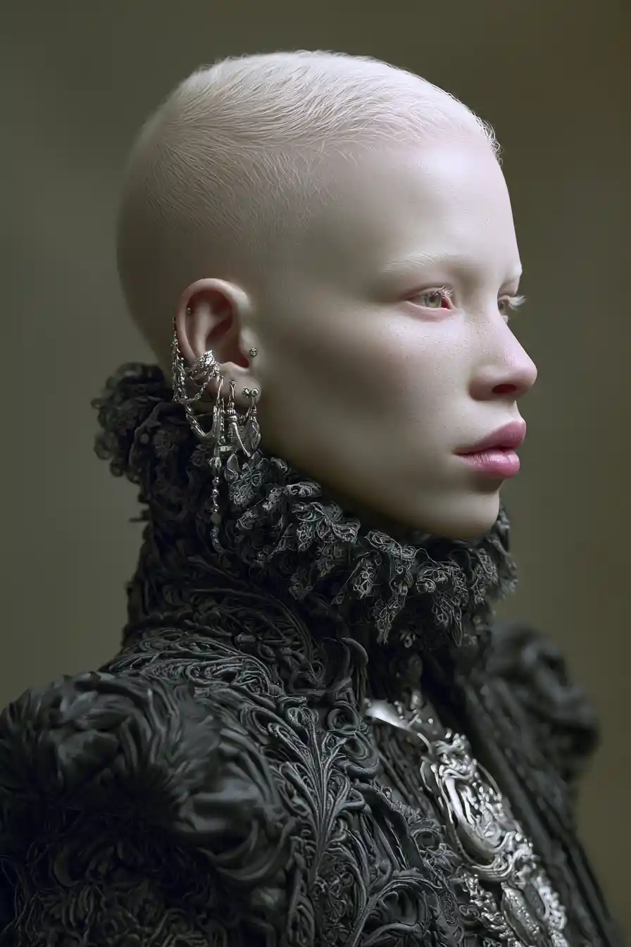 Albino gothic fashion portrait with glass skin effect