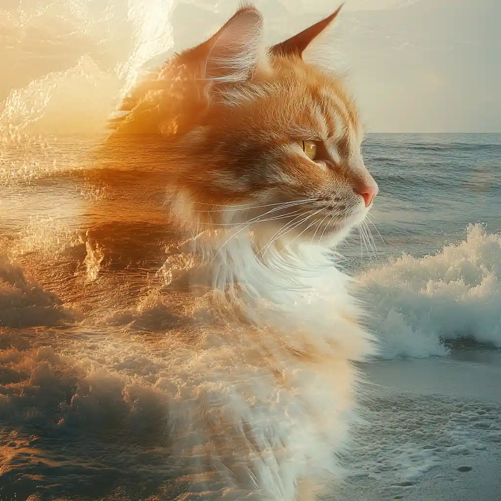 Ginger cat and sunset beach in double exposure art