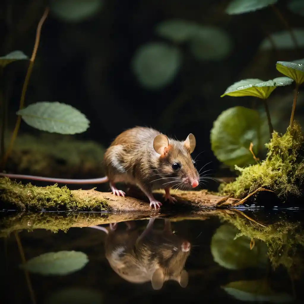 Tiny wild mouse reflected in a quiet forest pond