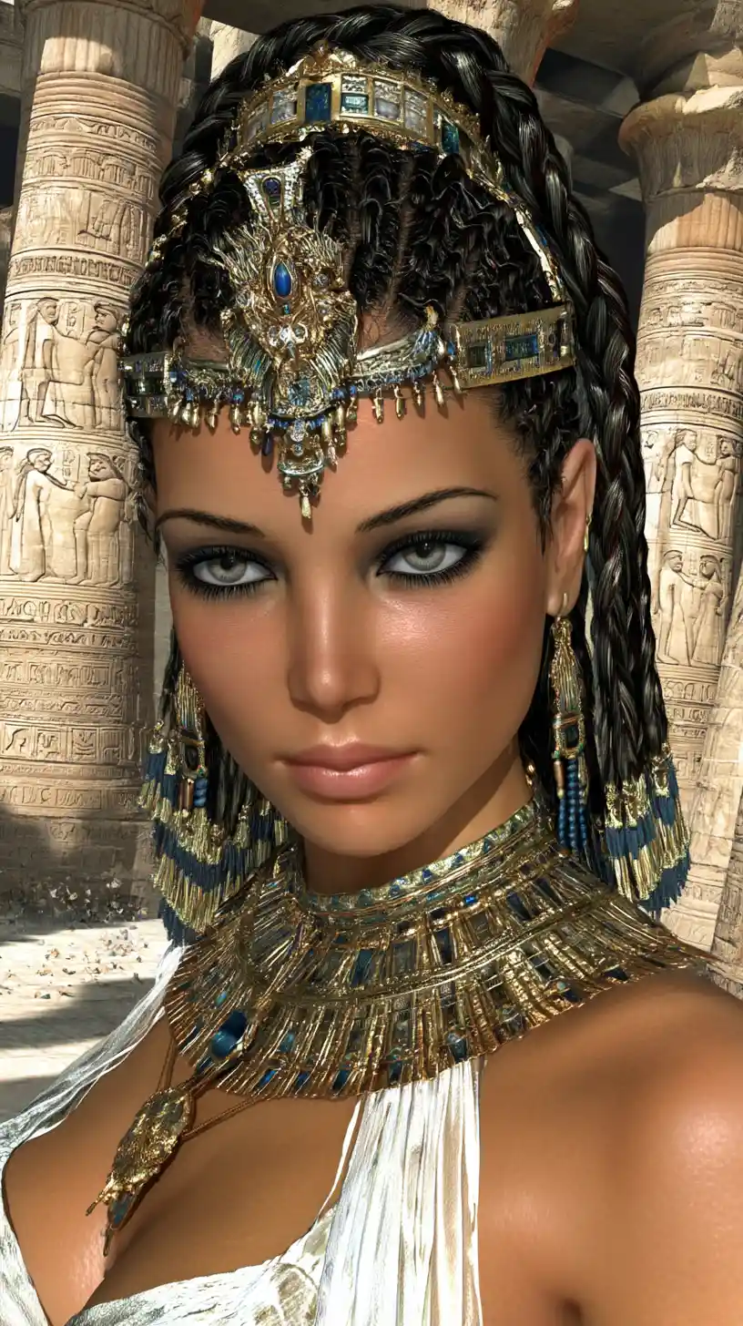 Regal ancient Egyptian woman in a sunlit temple courtyard