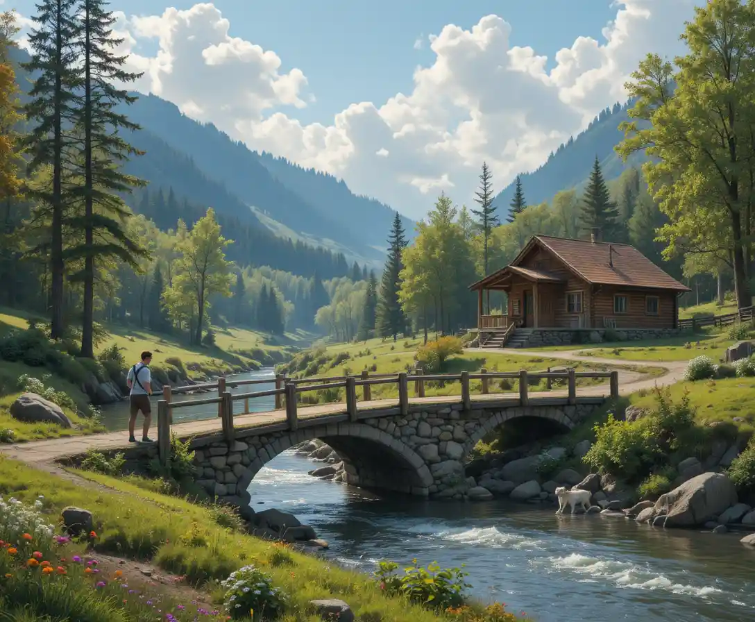 Man And Dog Crossing A Countryside Bridge By A Cabin