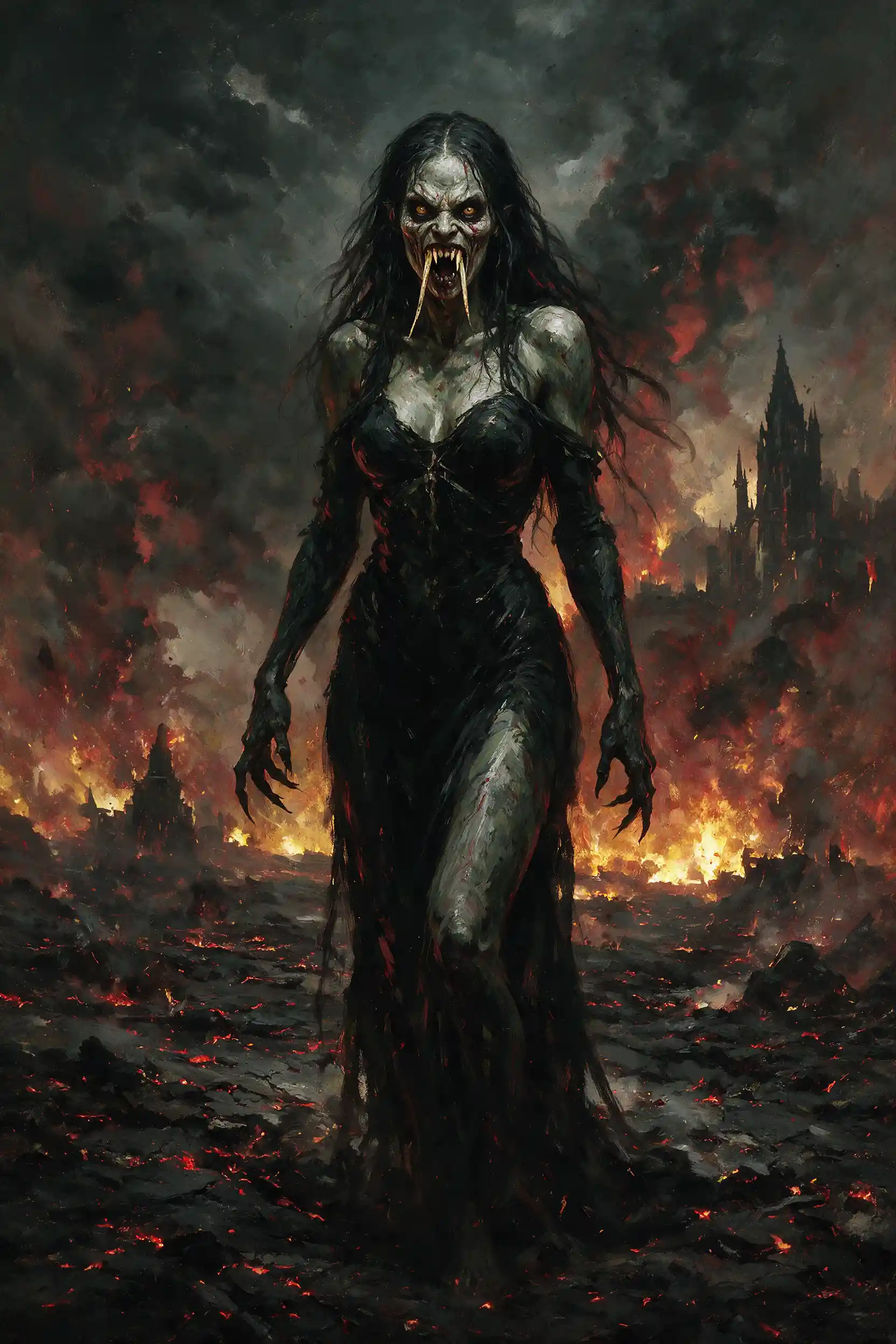 Surreal female demon with fangs in dark horror style