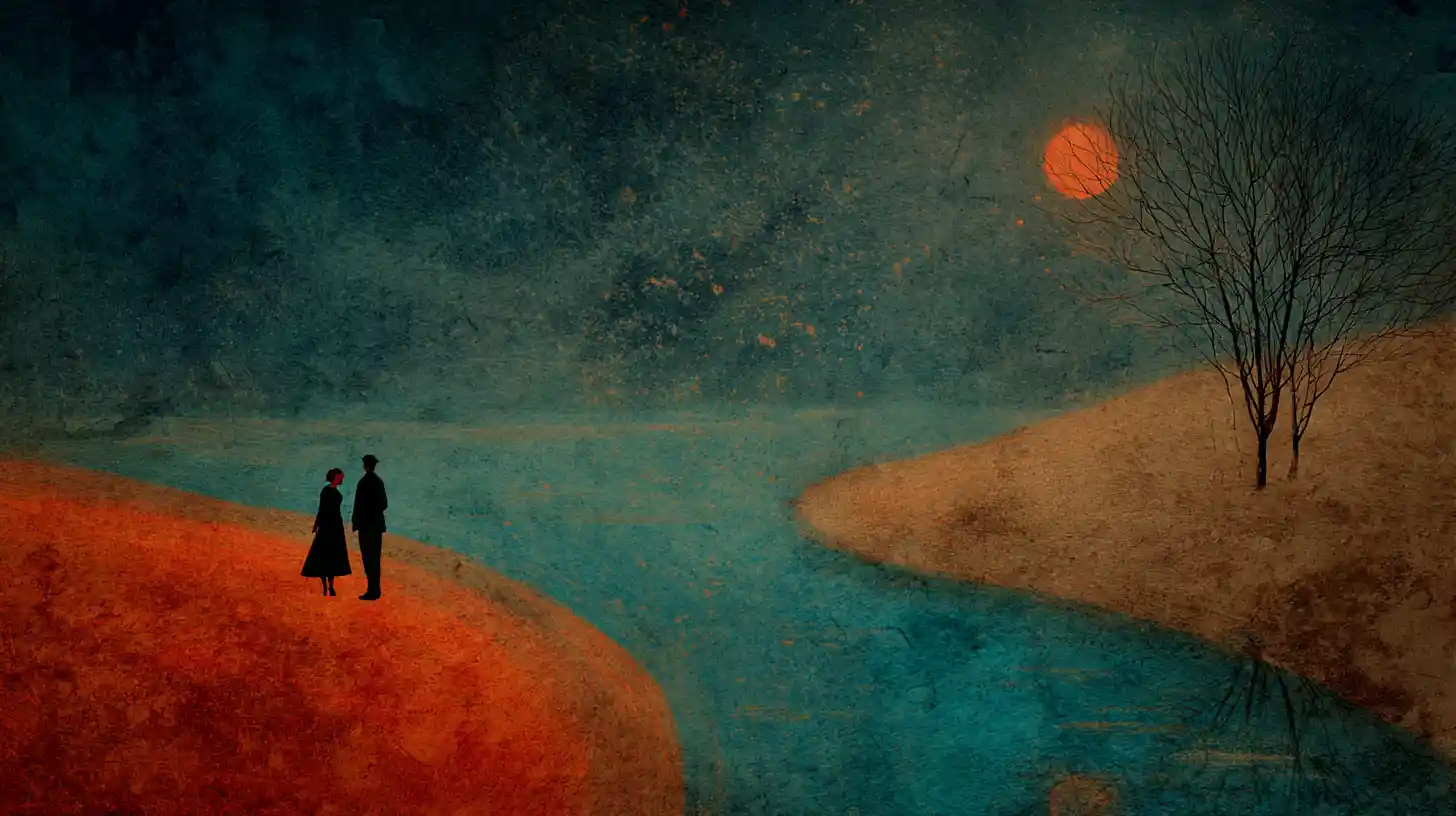 Melancholic surreal woman in rich indigo and turquoise tones