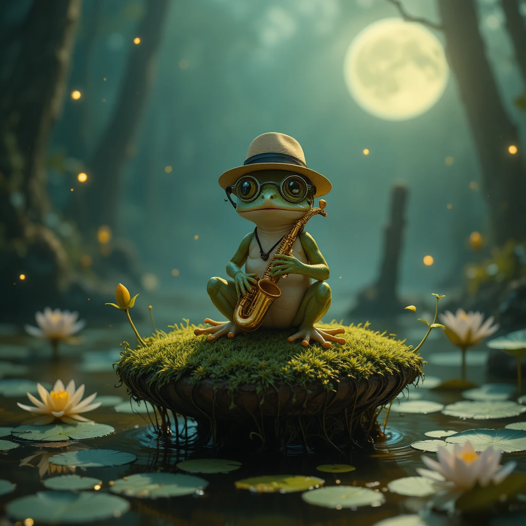 Tiny frog playing saxophone on a moonlit swamp lily pad