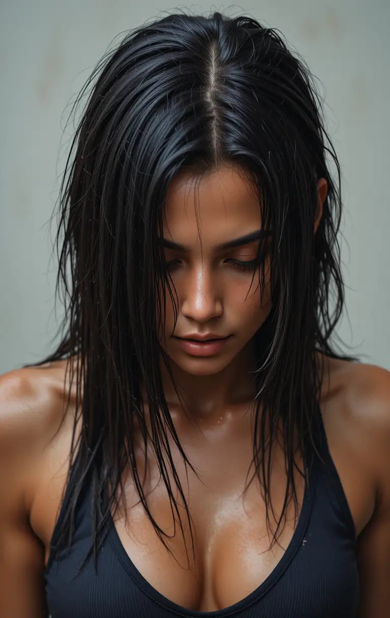 Sweaty exhausted woman in extreme close up after workout