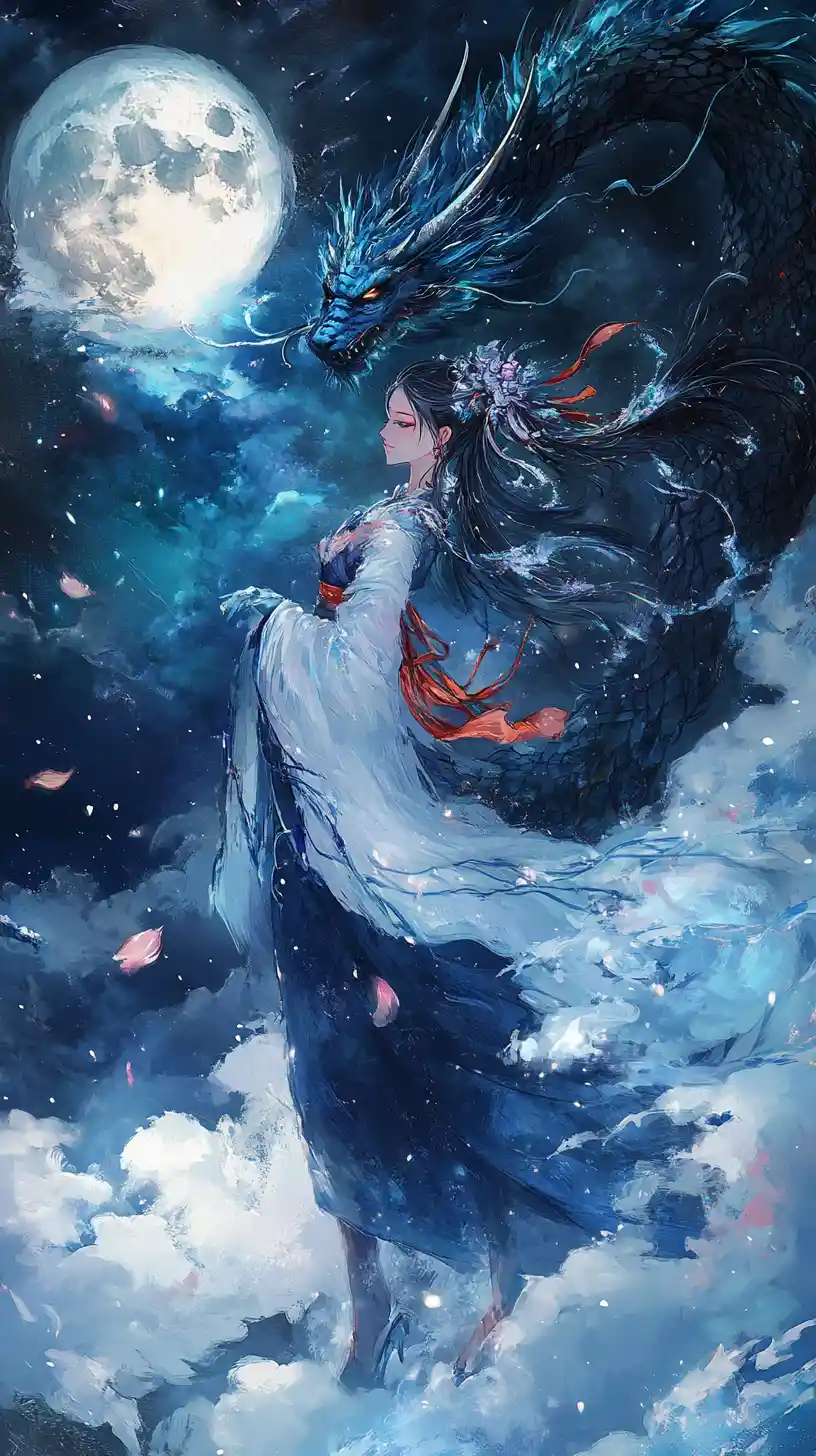 Asian dragon and anime girl in a moonlit night sky