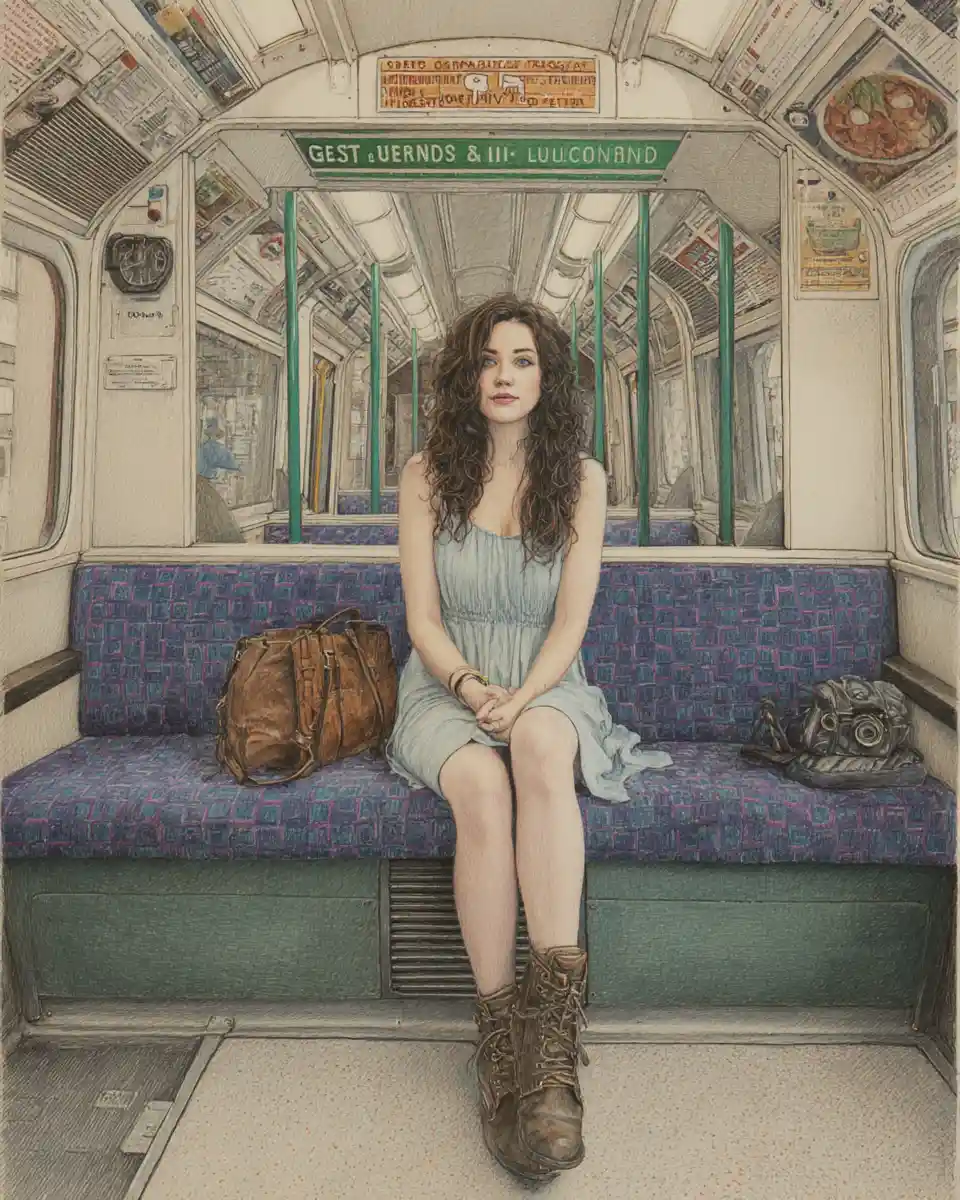 Young woman on London Underground seat in pencil drawing