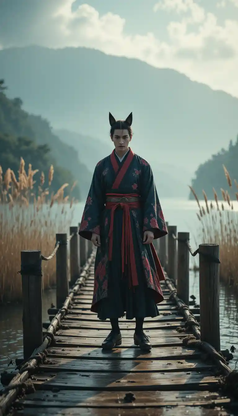 Mystical kitsune man standing on a rustic fishing dock