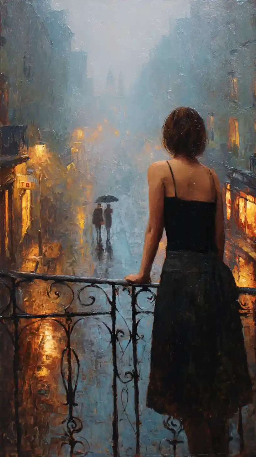 Woman on balcony overlooking rainy european city street