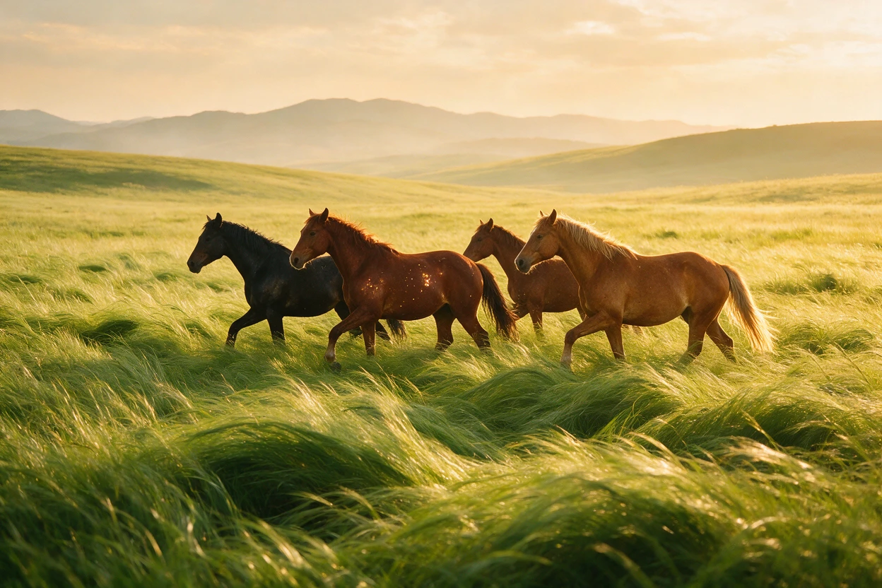 Horses Moving Quietly Through Sunlit Whispering Grass