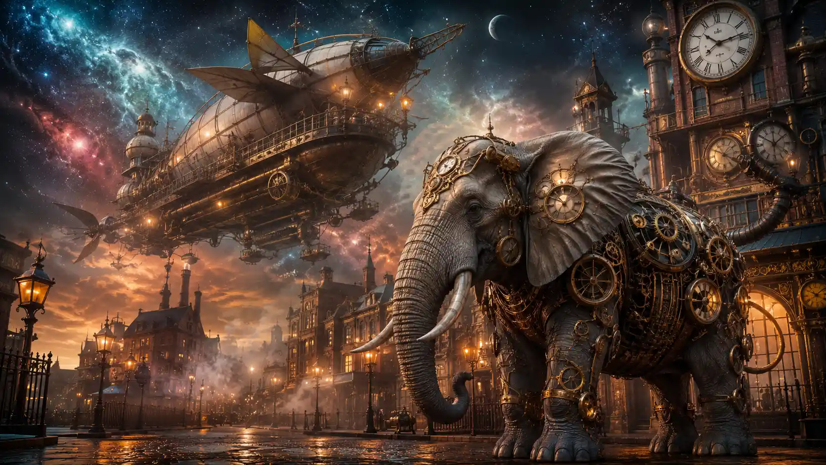 Steampunk Elephant On Victorian Street At Twilight