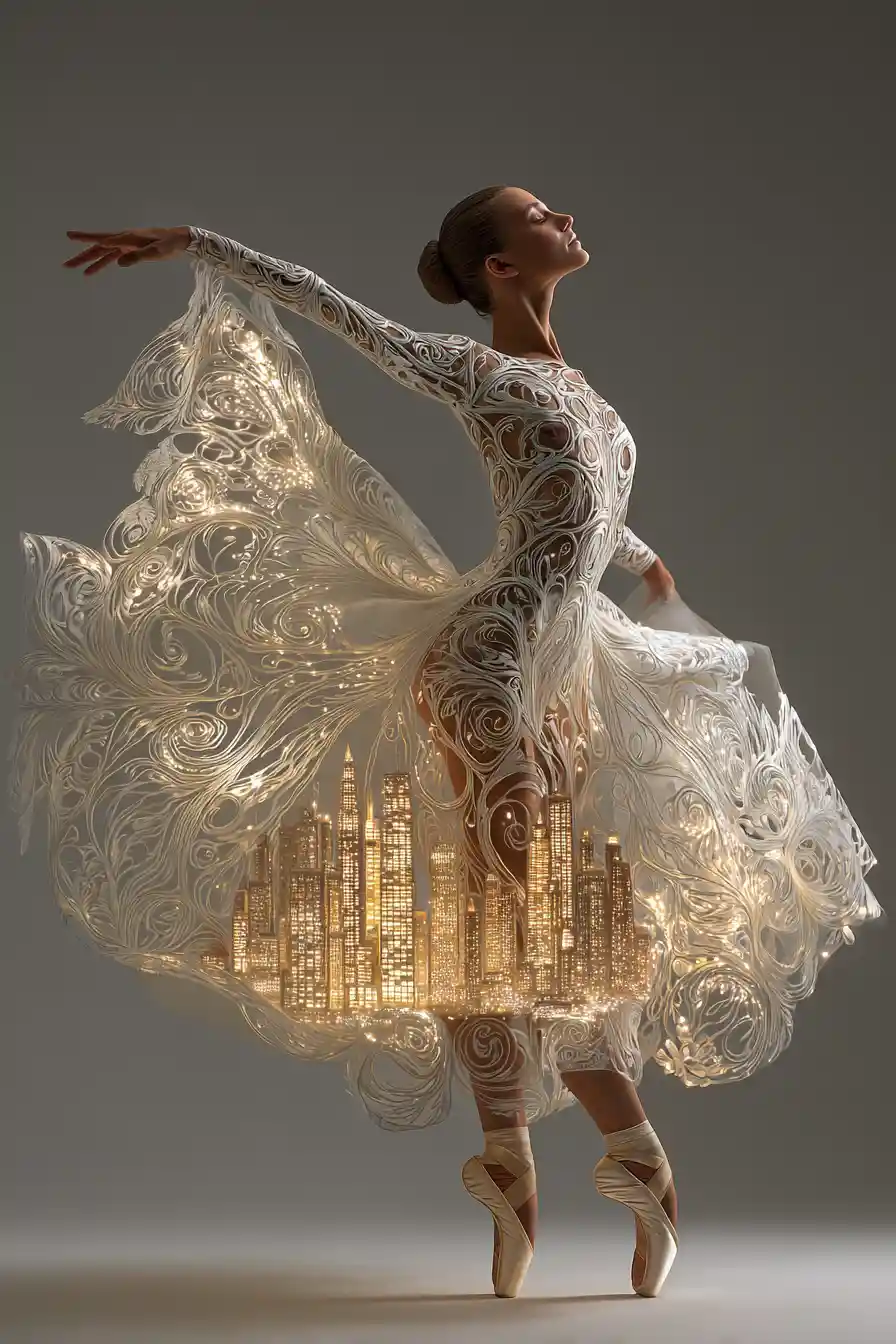 Graceful ballet dancer in luminous lace with surreal city