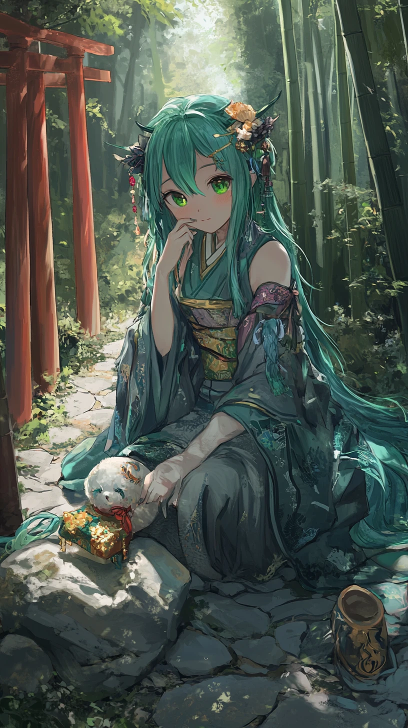 Anime girl in bamboo forest with ritual stone path