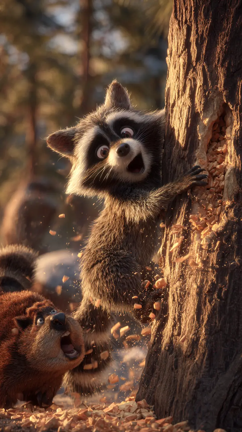 Frightened raccoon hugs a tree as beaver chews nearby