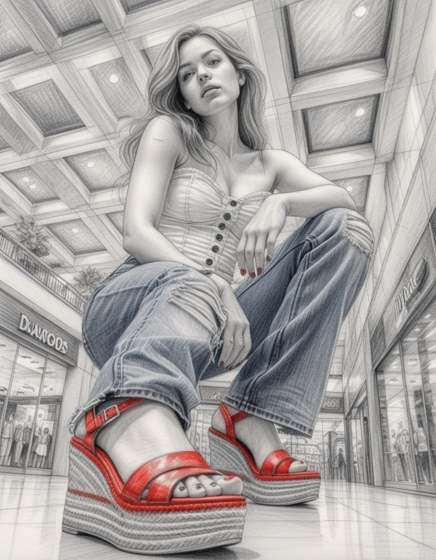 Young woman crouching in mall from dramatic low angle