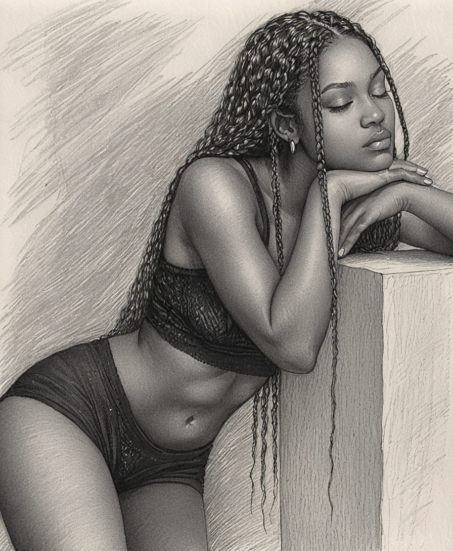 Dessin au graphite d’une femme noire pensive de profil