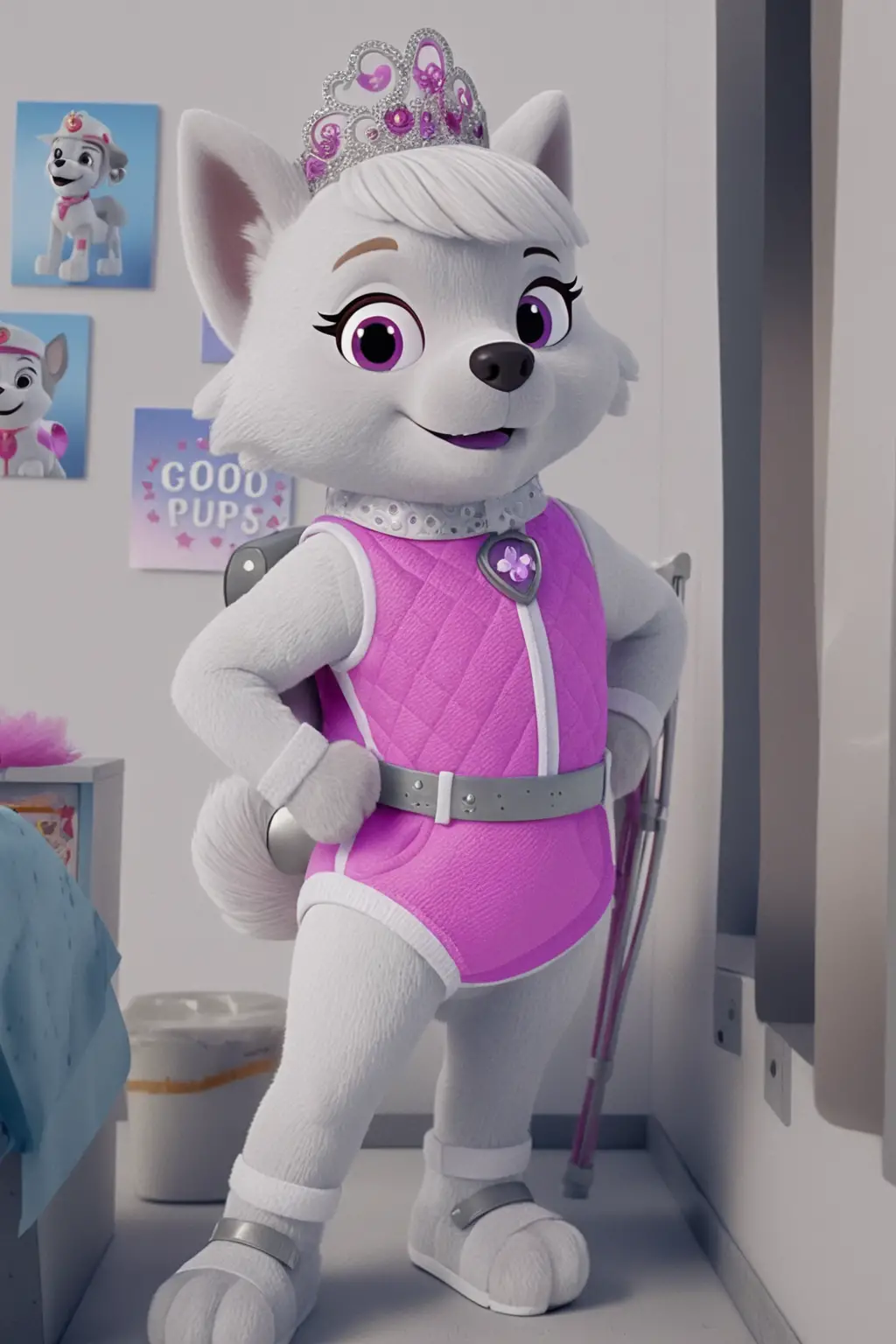 Dog mascot princess standing at a colorful fantasy castle