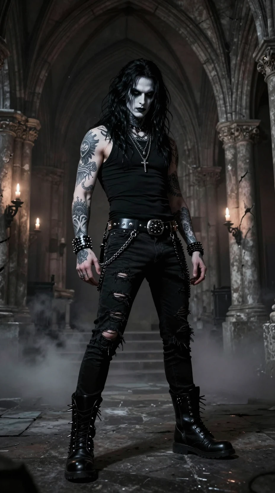 Gothic rock musician in a ruined stone cathedral