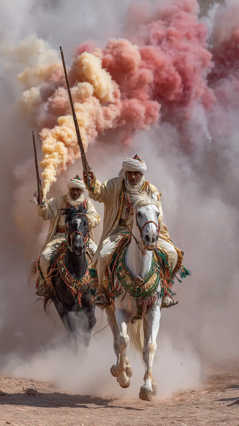Berber horsemen charge in a low angle fantasia performance