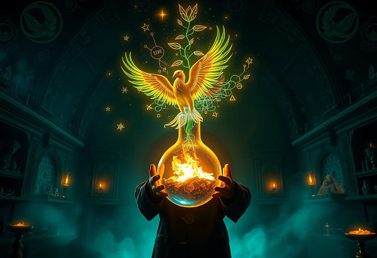 Visionary alchemist holding a glowing cosmic flask at night