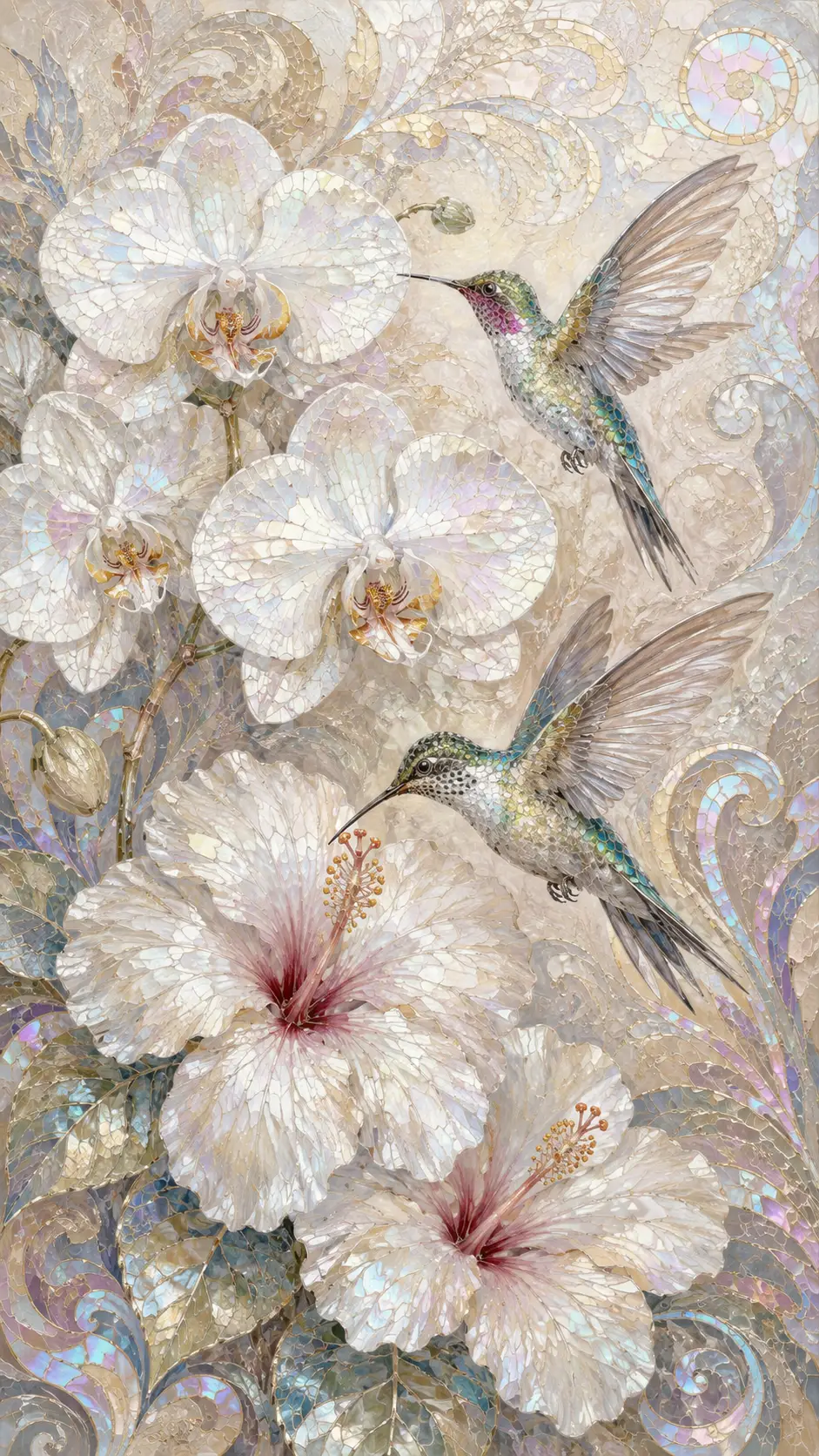 Orquídeas blancas y colibríes en arte de mosaico de cristal