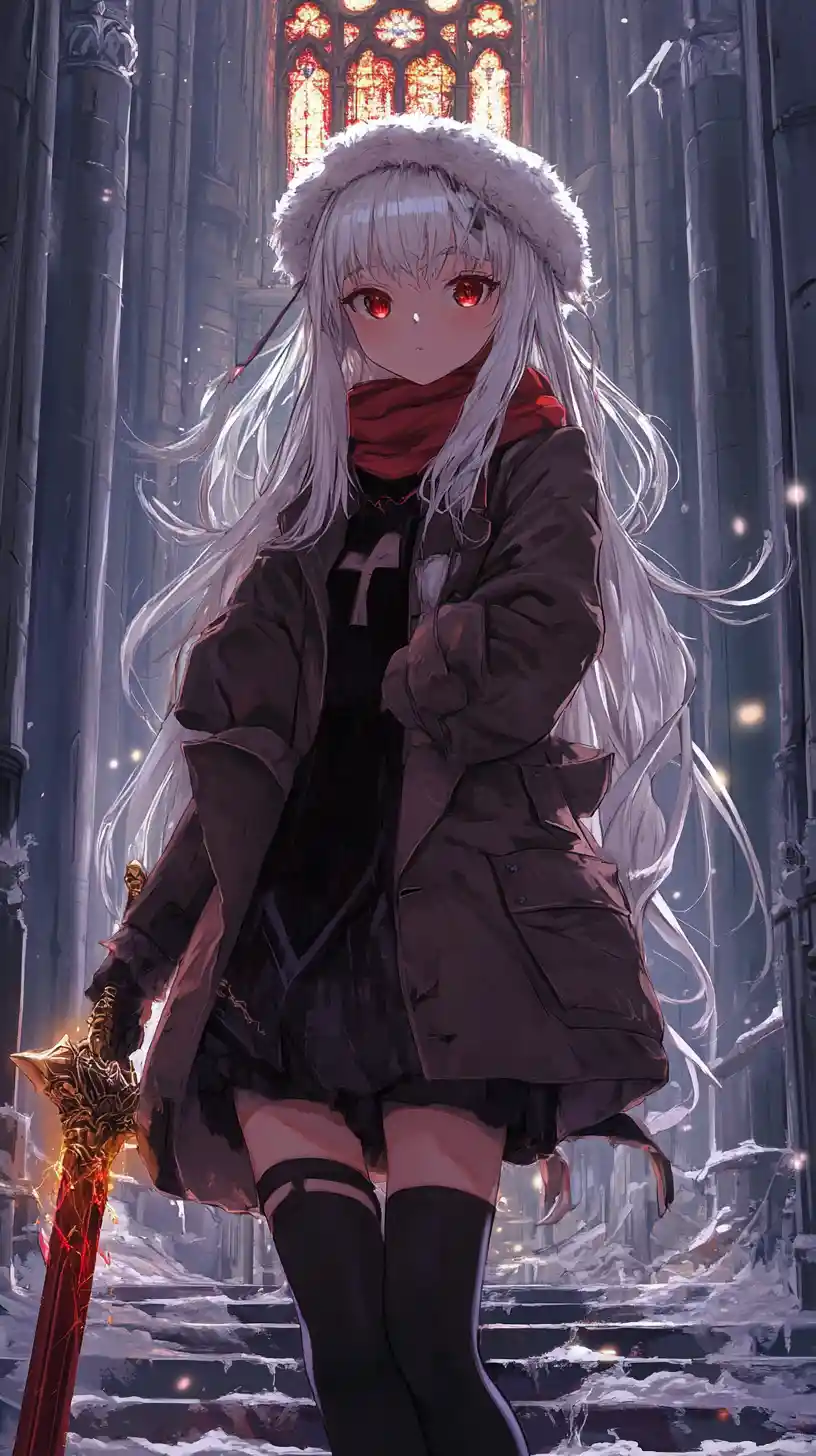 Anime girl in heavy winter clothes with silver hair