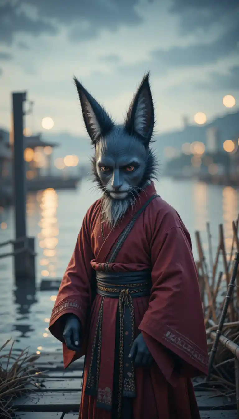 Kitsune woman in red and black kimono on fishing dock