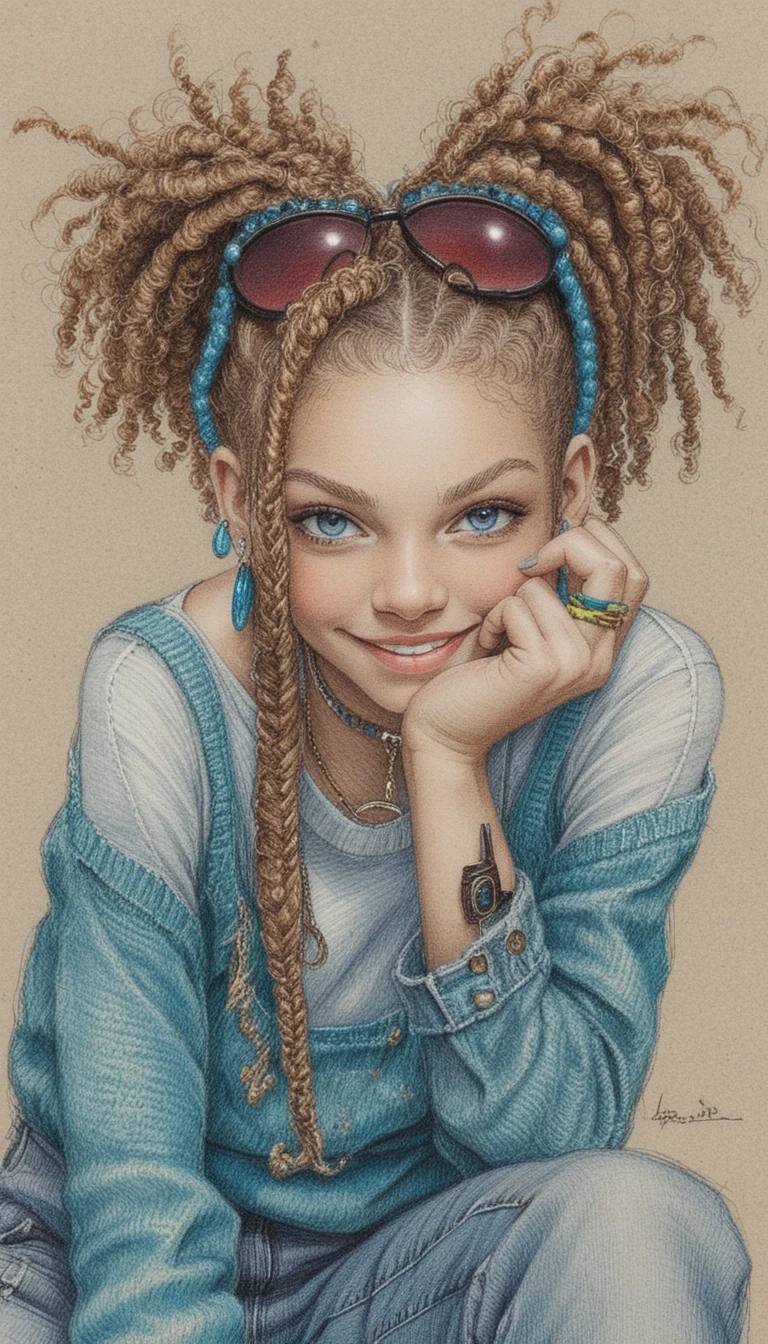 Playful blue haired girl crouching on a textured street