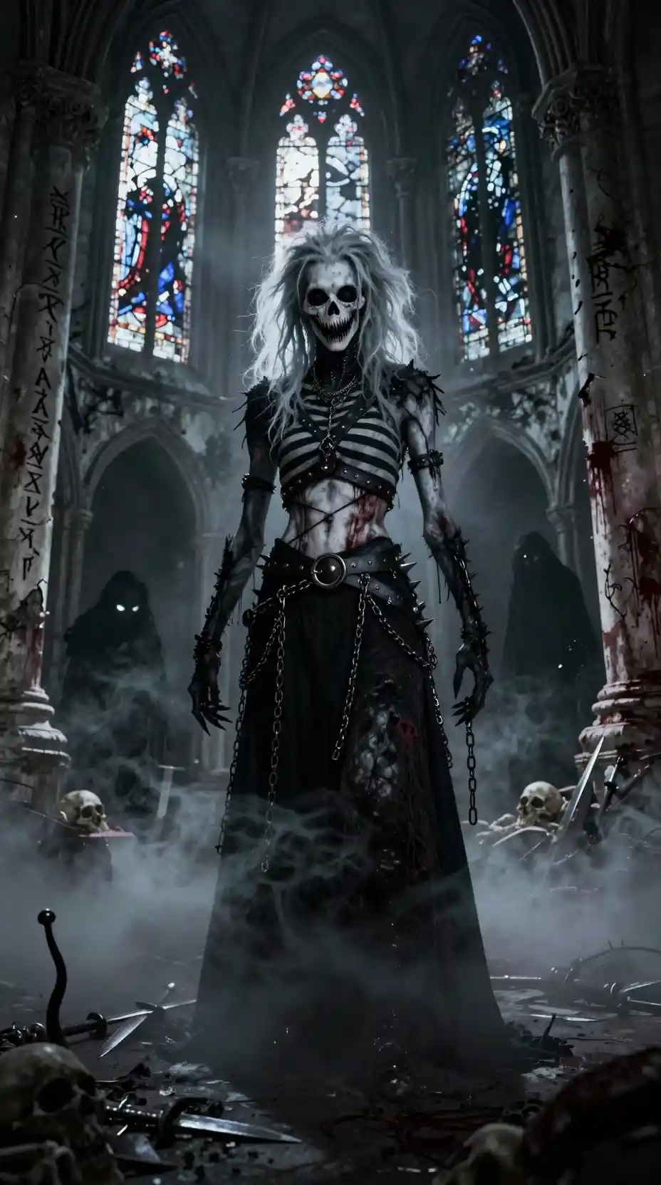 Gothic figure in ruined cathedral under cold moonlight