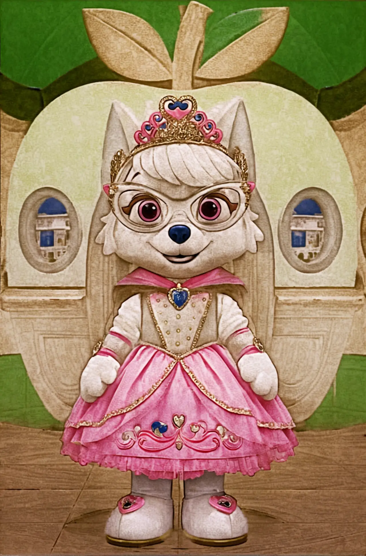 Dog mascot princess standing in a city castle interior
