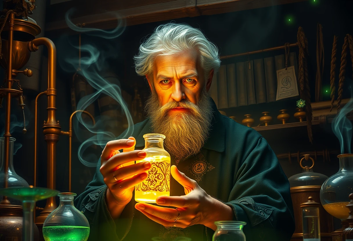 Mystical alchemist glowing vial in dark renaissance laboratory