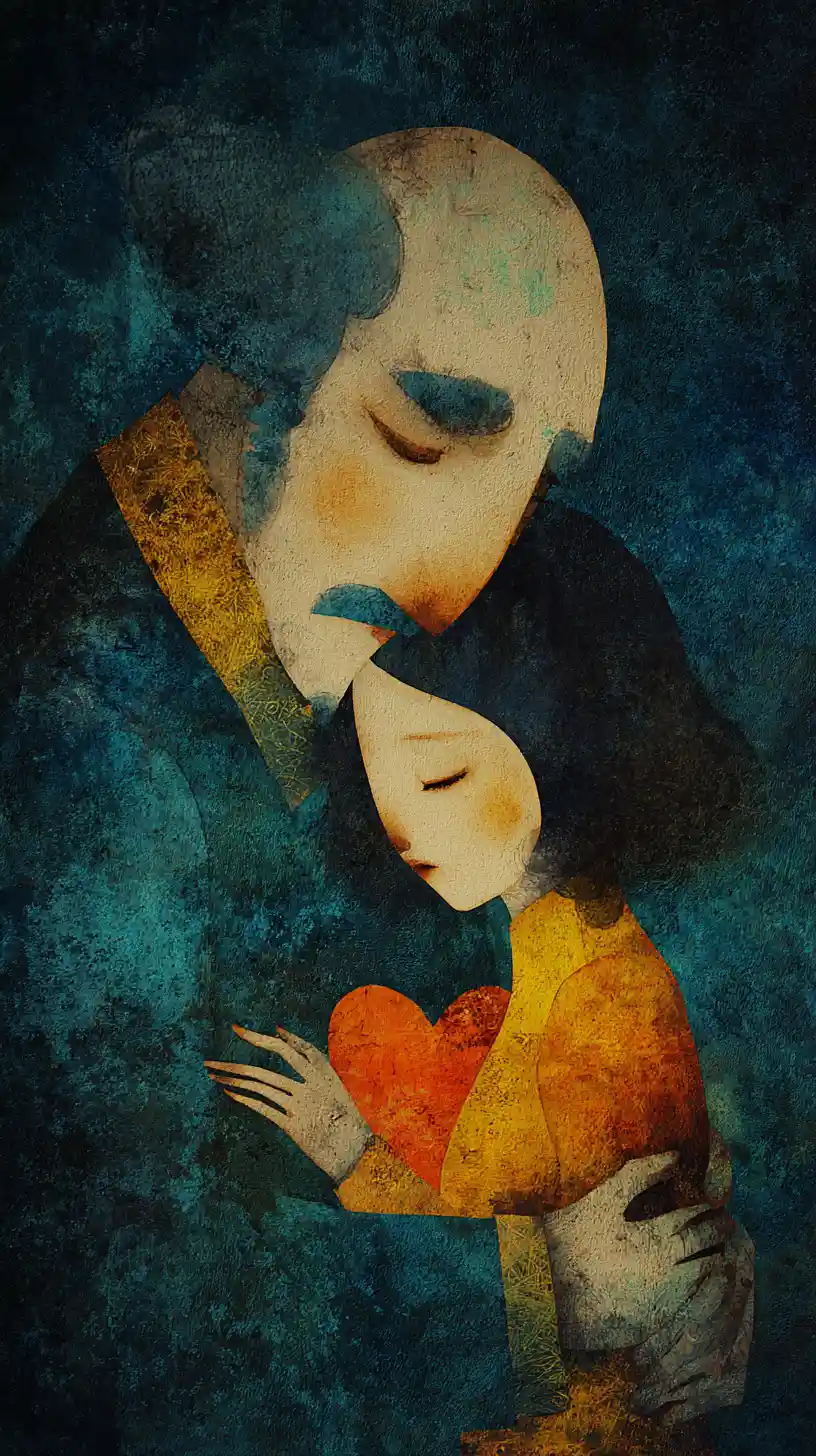 Surreal melancholic woman painted in rich indigo and turquoise tones