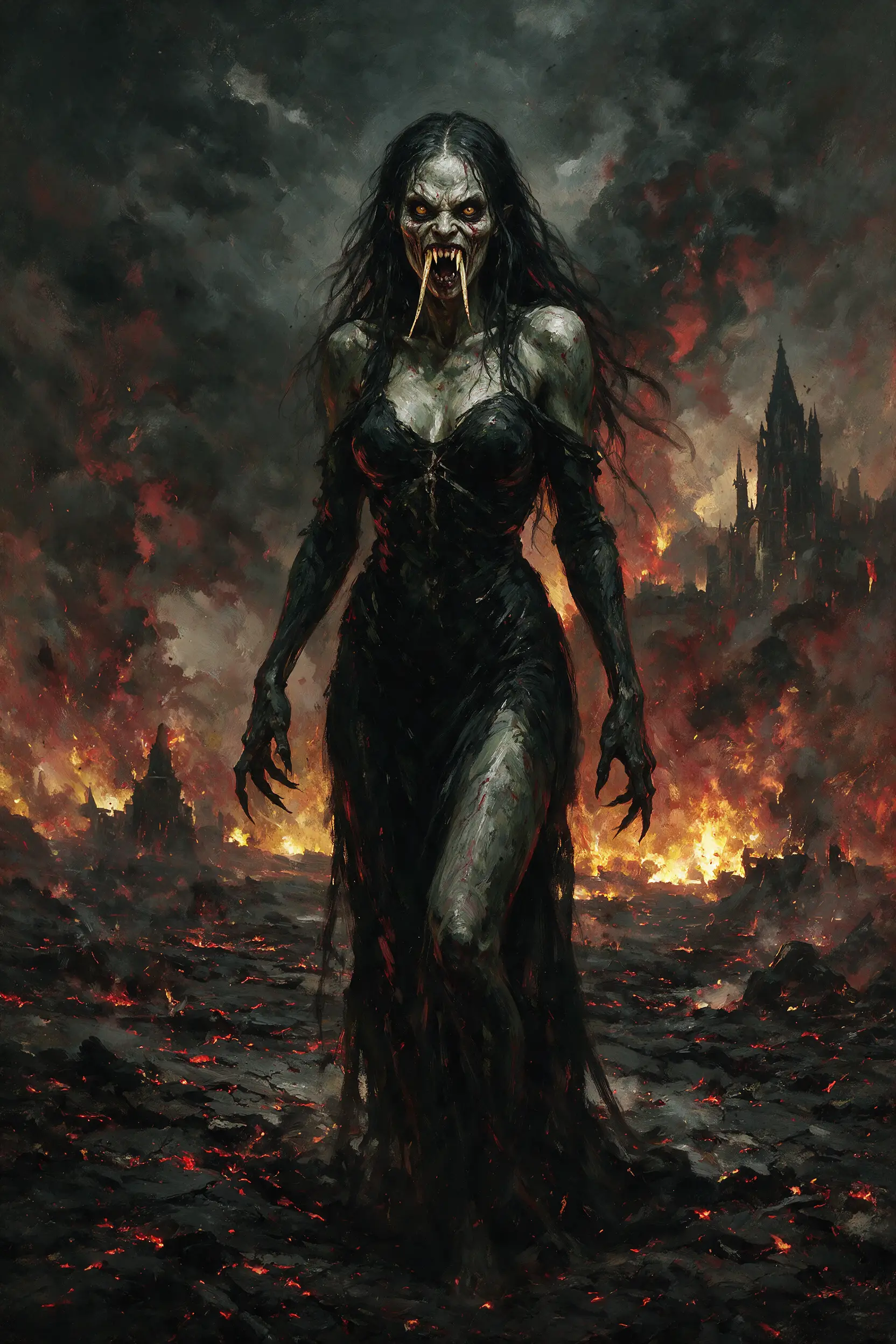 Demone femminile surreale con zanne in stile horror oscuro