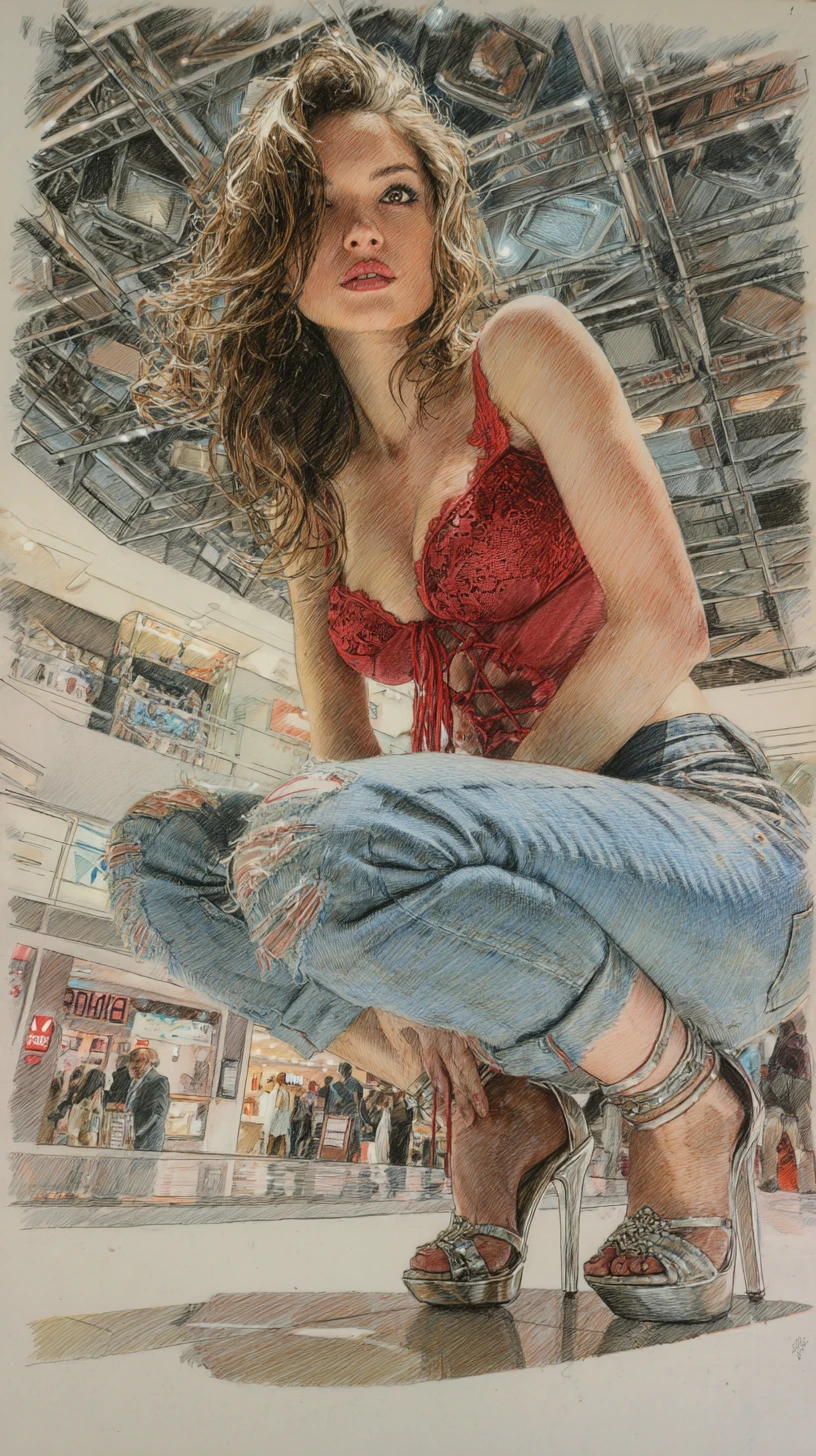 Young woman crouching in mall in color pencil drawing