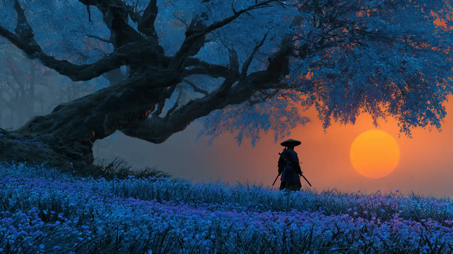 Lone samurai in a blue meadow beneath a towering tree