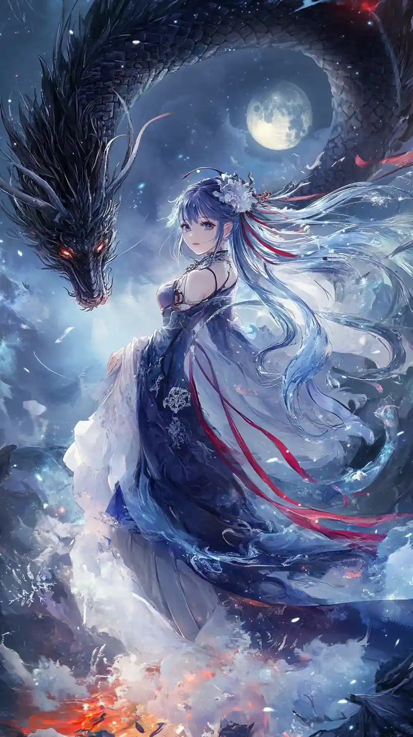 Asian dragon coiling through a moonlit cloudy night sky