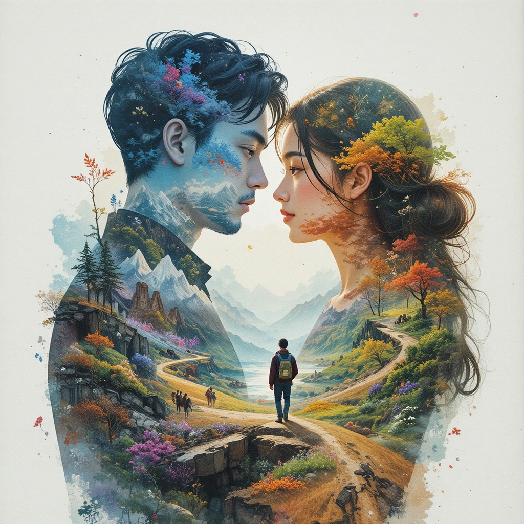 Double exposure couple bridging winter and spring realms