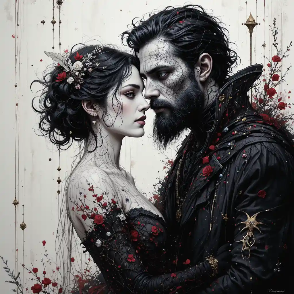 Dark fantasy lord drawn in vivid seductive ink style