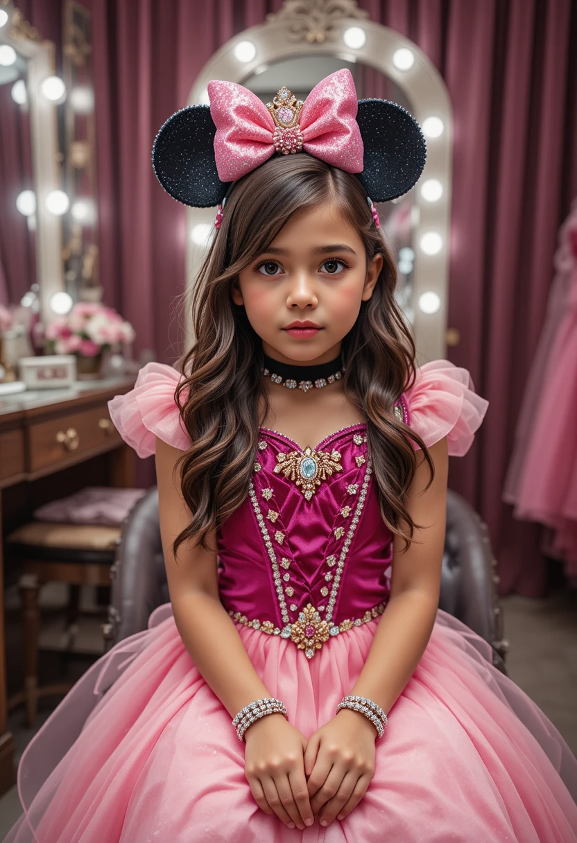 Embarrassed boy in pink princess dress at vanity stool