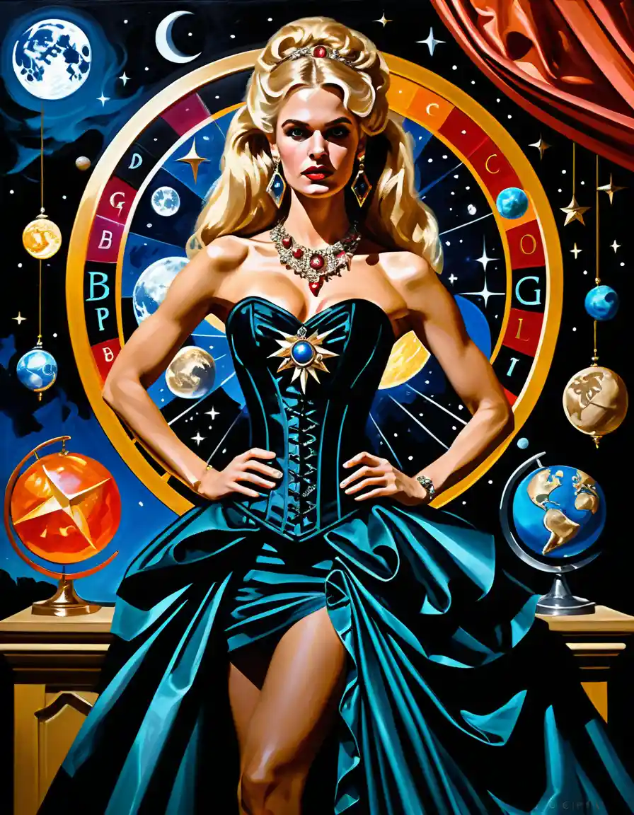 Elegant blonde woman in celestial evening gown portrait