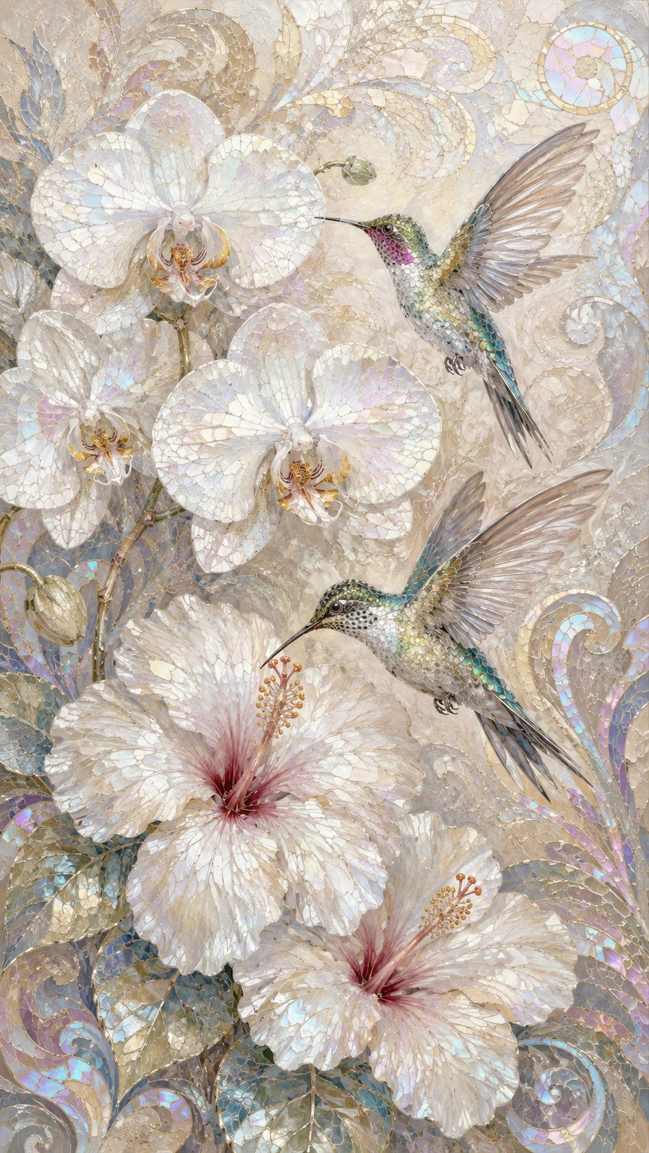 White orchids and hummingbirds in crystal mosaic art
