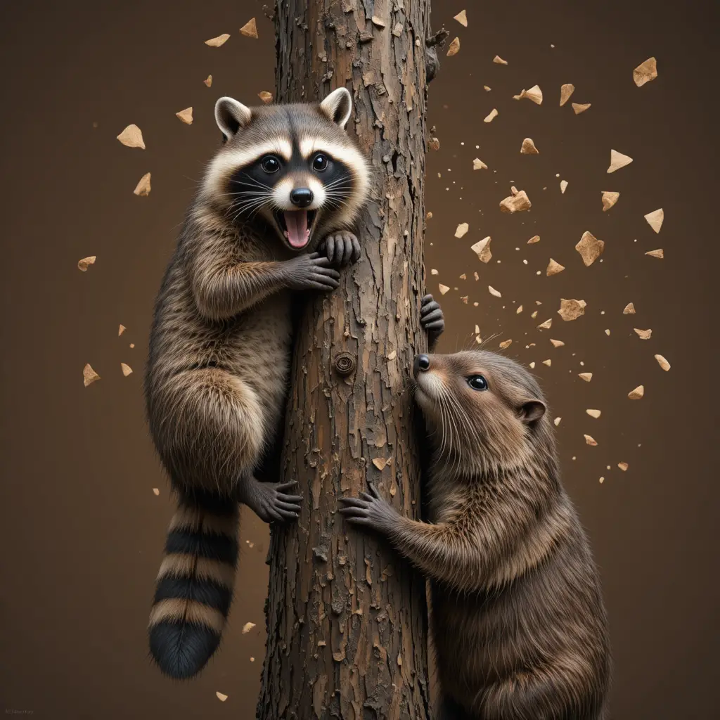 Frightened raccoon clinging to tree above wide eyed beaver